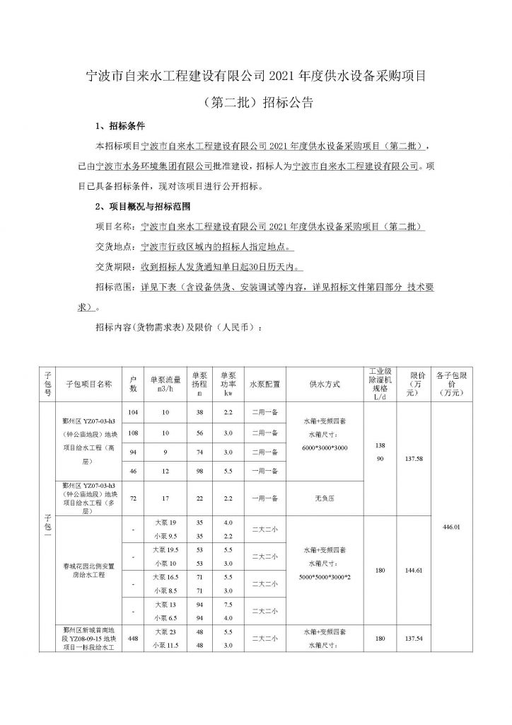 寧波市自來水工程建設有限公司2021年度供水設備采購項目（第二批）招標公告