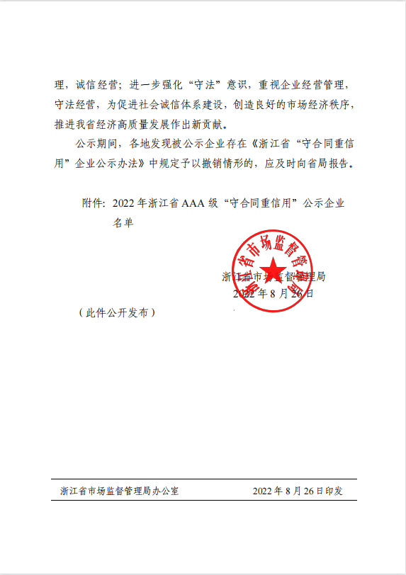 公司獲評2022年浙江省AAA級“守合同重信用”企業(yè)榮譽(yù)稱號