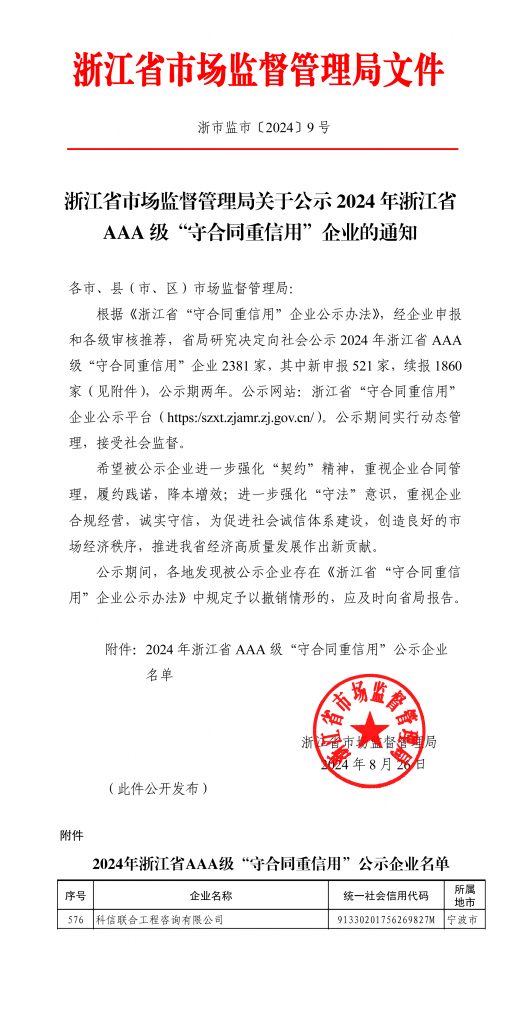 科信喜報(bào) | 我公司蟬聯(lián)浙江省AAA級(jí) “守合同重信用”企業(yè)